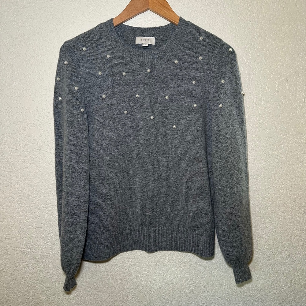 LOFT Womens M Sweater Cotton Blend Knit Pearl Beaded Blair Waldorf Preppy Gray